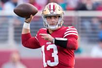 San Francisco 49ers quarterback Brock Purdy throws the ball against the Miami Dolphins during t ...