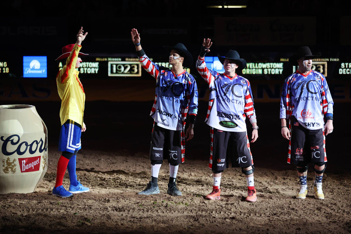 Rodeo clowns are introduced during round 10 of the 64th Wrangler National Finals Rodeo at the T ...