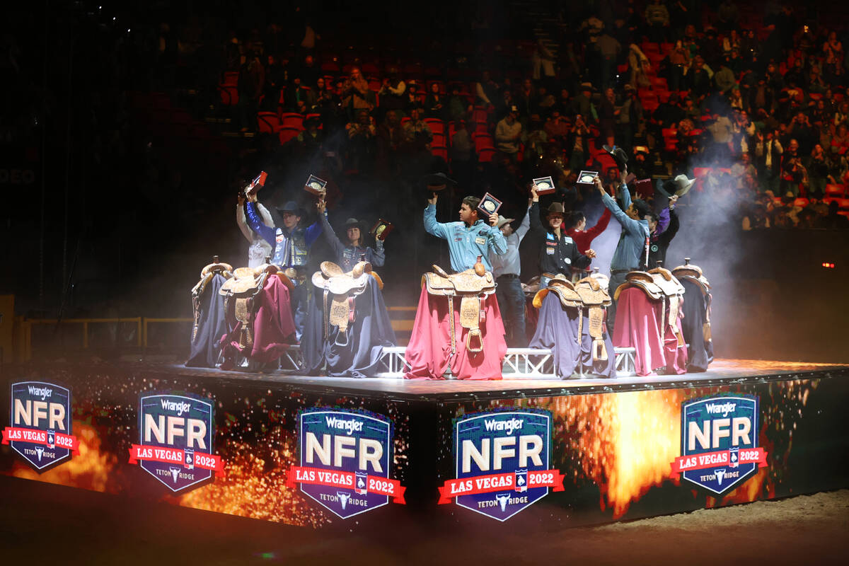 The champions of the 64th Wrangler National Finals Rodeo are presented following day 10 of the ...