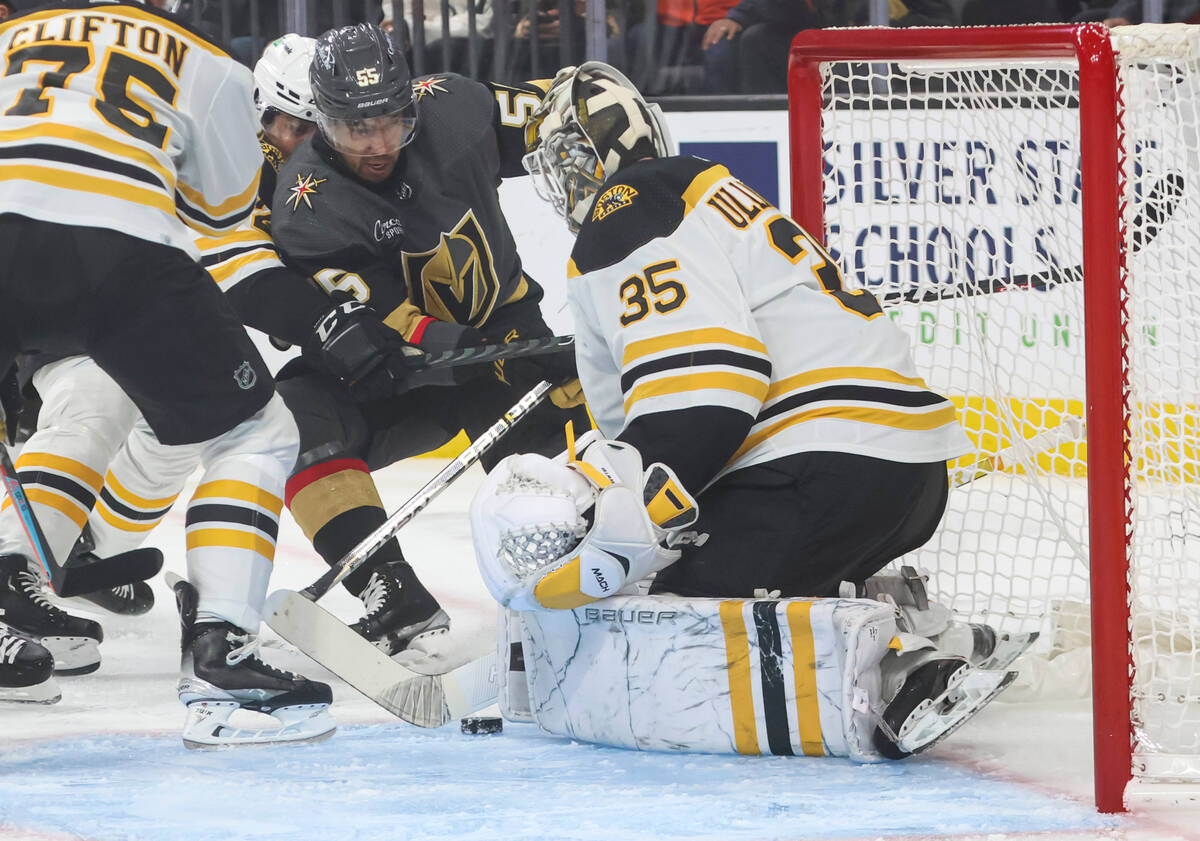 Boston Bruins goaltender Linus Ullmark (35) blocks a shot from Golden Knights right wing Keegan ...