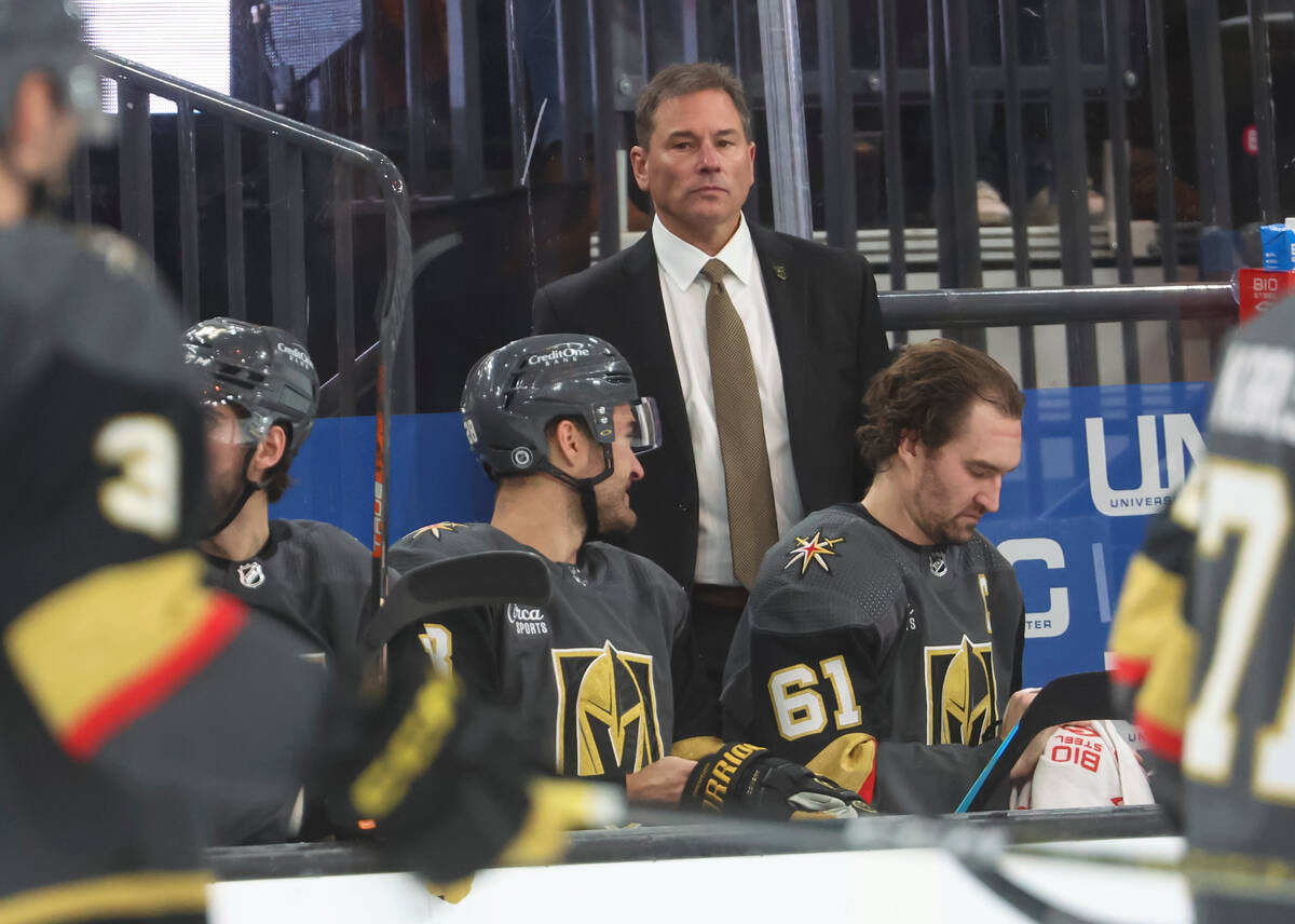 Golden Knights head coach Bruce Cassidy looks on at the start of the second period against the ...