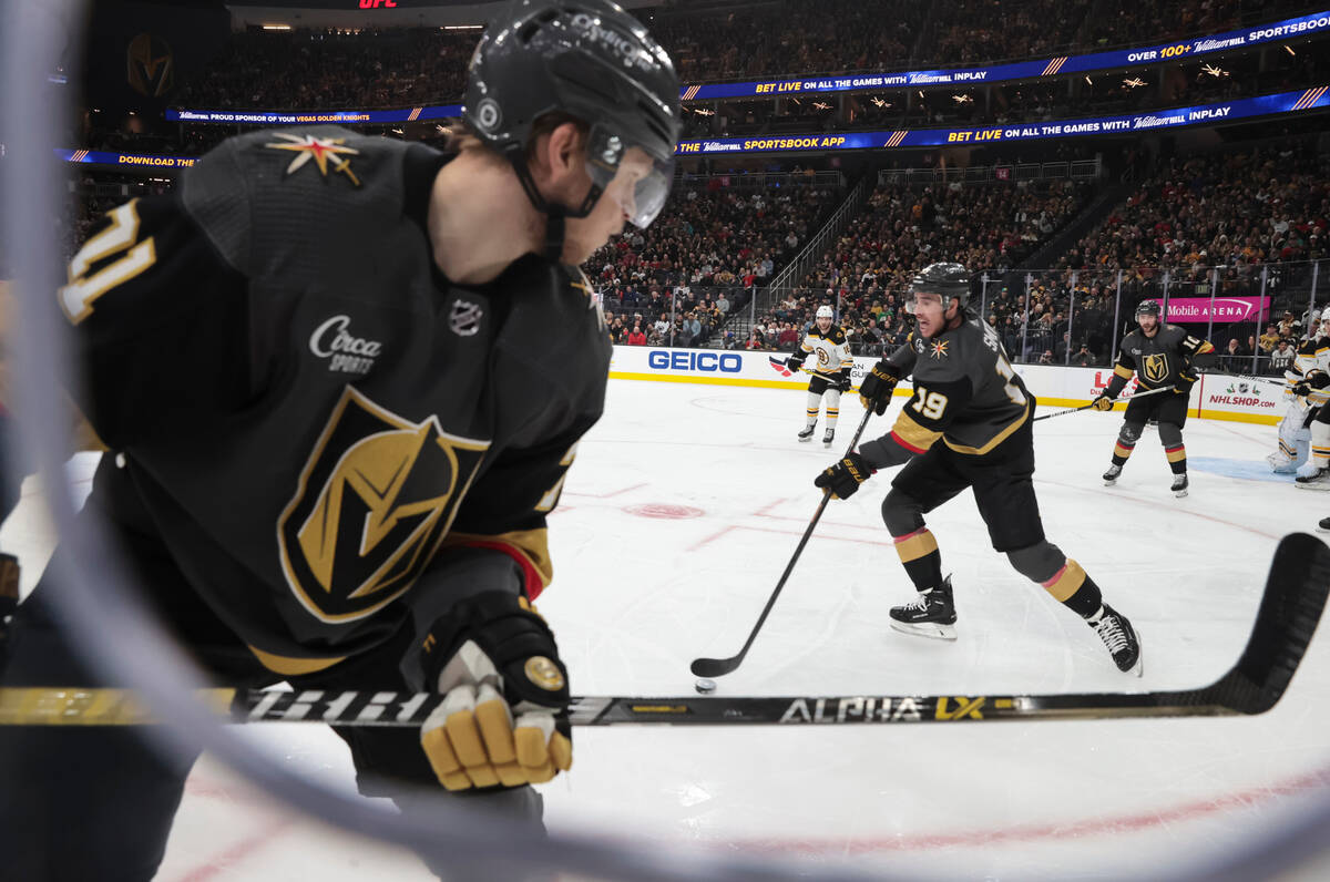 Golden Knights right wing Reilly Smith (19) looks to pass the puck during the third period of a ...