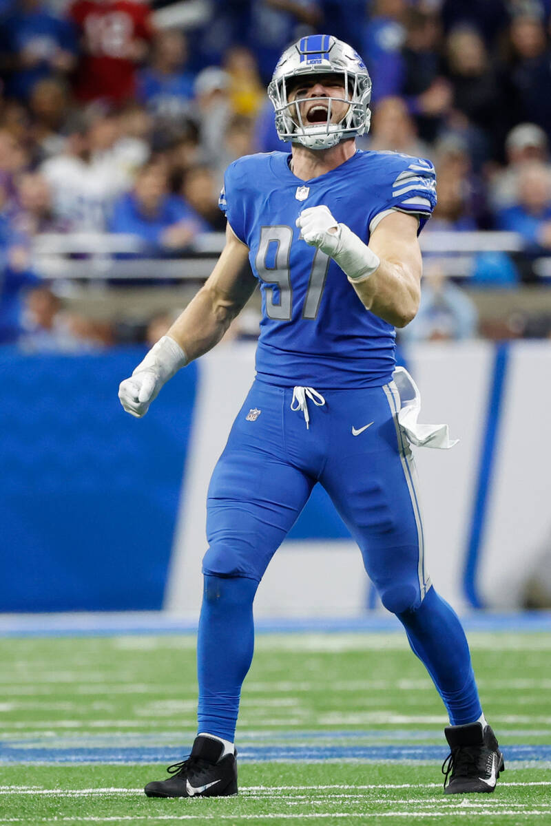 Detroit Lions defensive end Aidan Hutchinson (97) reacts in the second half against the Minneso ...