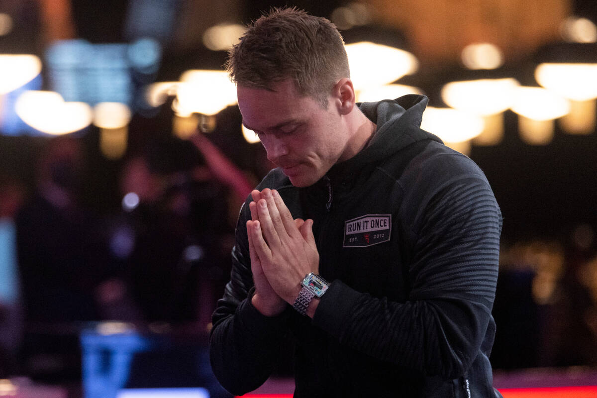 Espen Jorstad reacts after winning in the final table of the main event during the World Series ...