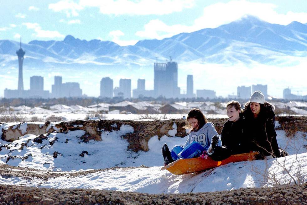 With the skyline of Las Vegas in the background, Amanda Coon, left, Taylor Elliott, middle, and ...