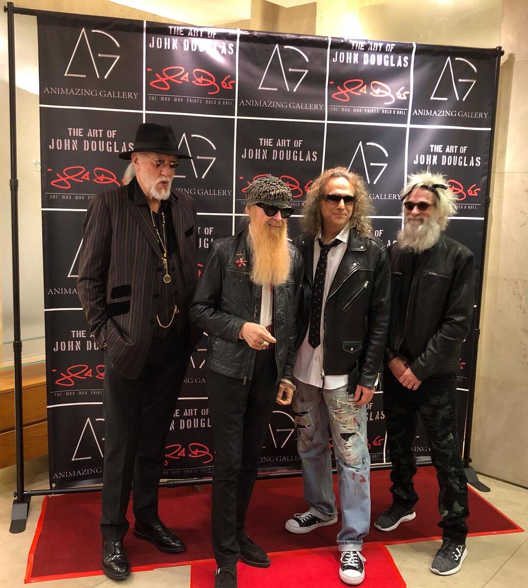 Mick Fleetwood, Billy Gibbons, John Douglas and ZZ Top's Elwood Francis are shown at Douglas' g ...