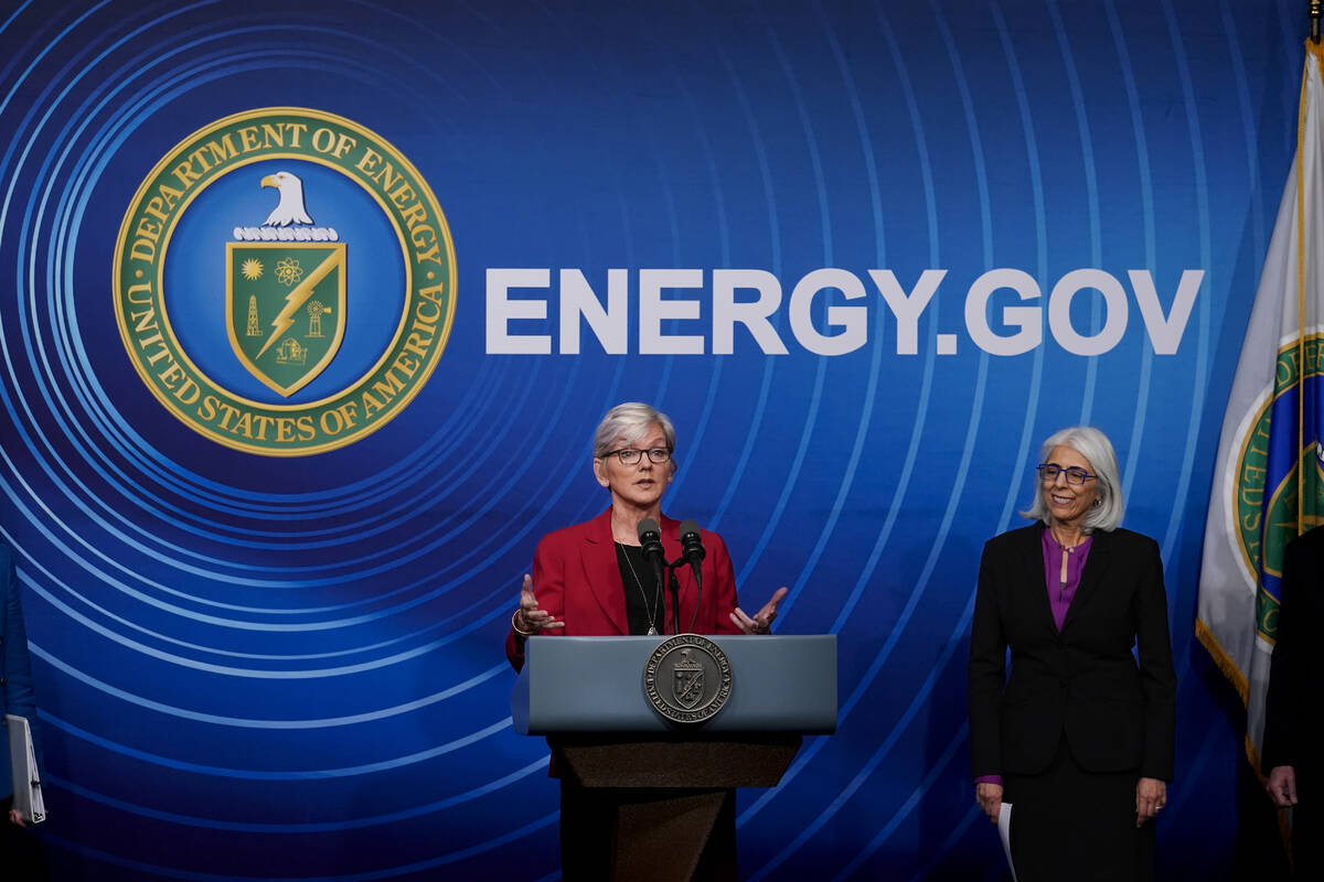 Secretary of Energy Jennifer Granholm, joined at right by Arati Prabhakar, the president's scie ...