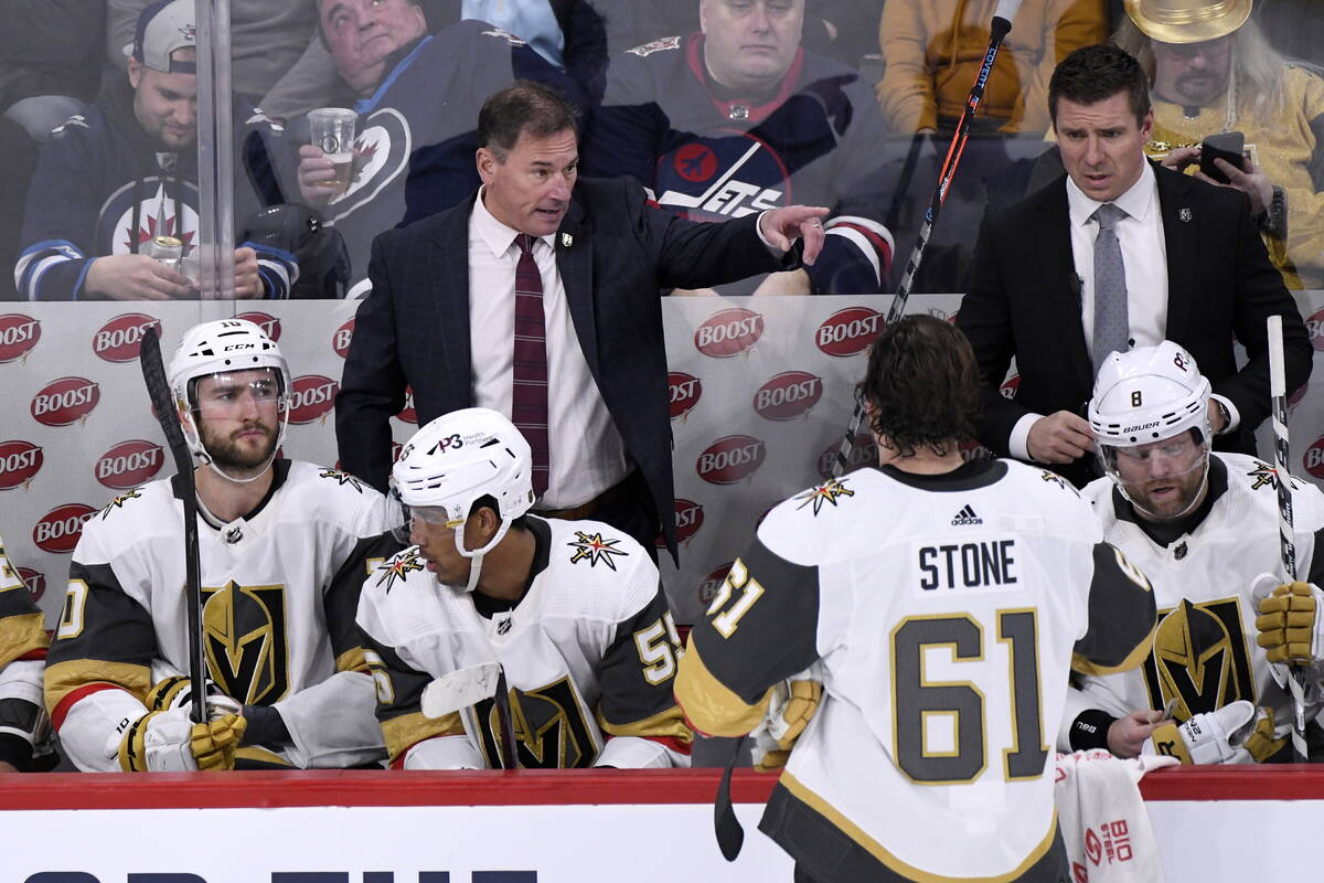 Vegas Golden Knights head coach Bruce Cassidy instructs players against the Winnipeg Jets durin ...