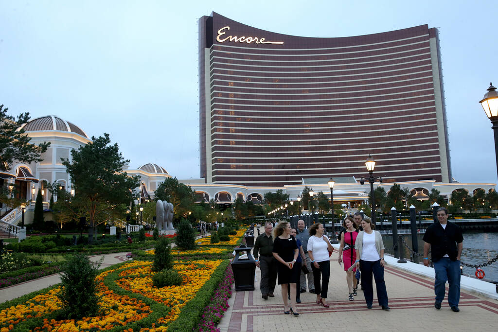 Guests take in the Mystic River during an invitation-only party at Encore Boston Harbor on Thur ...