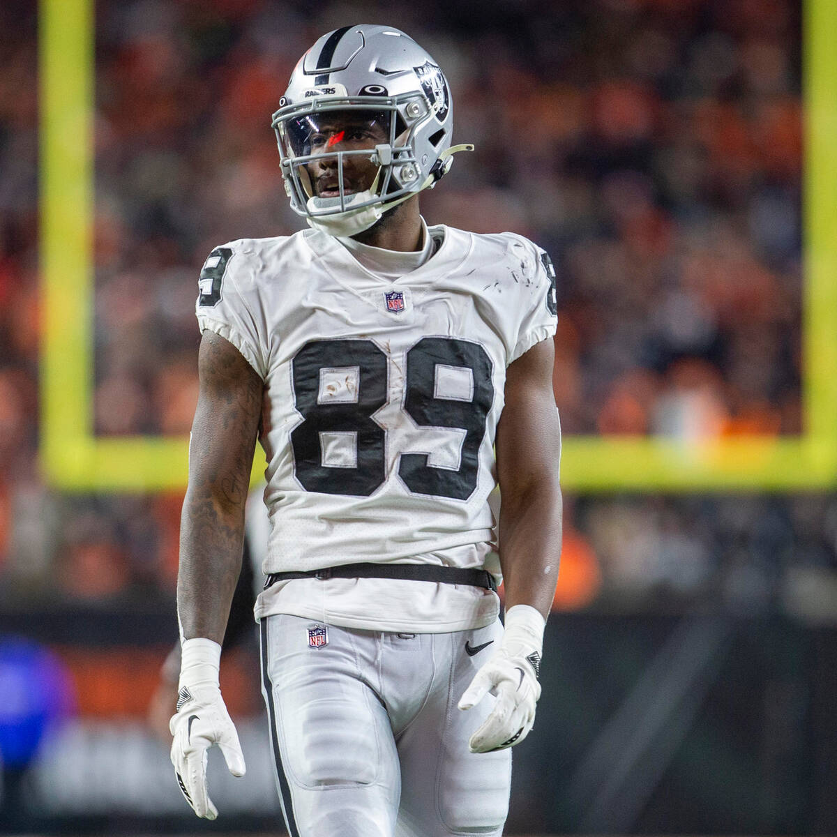 Raiders wide receiver Bryan Edwards (89) gets ready to run a play during the second half of an ...