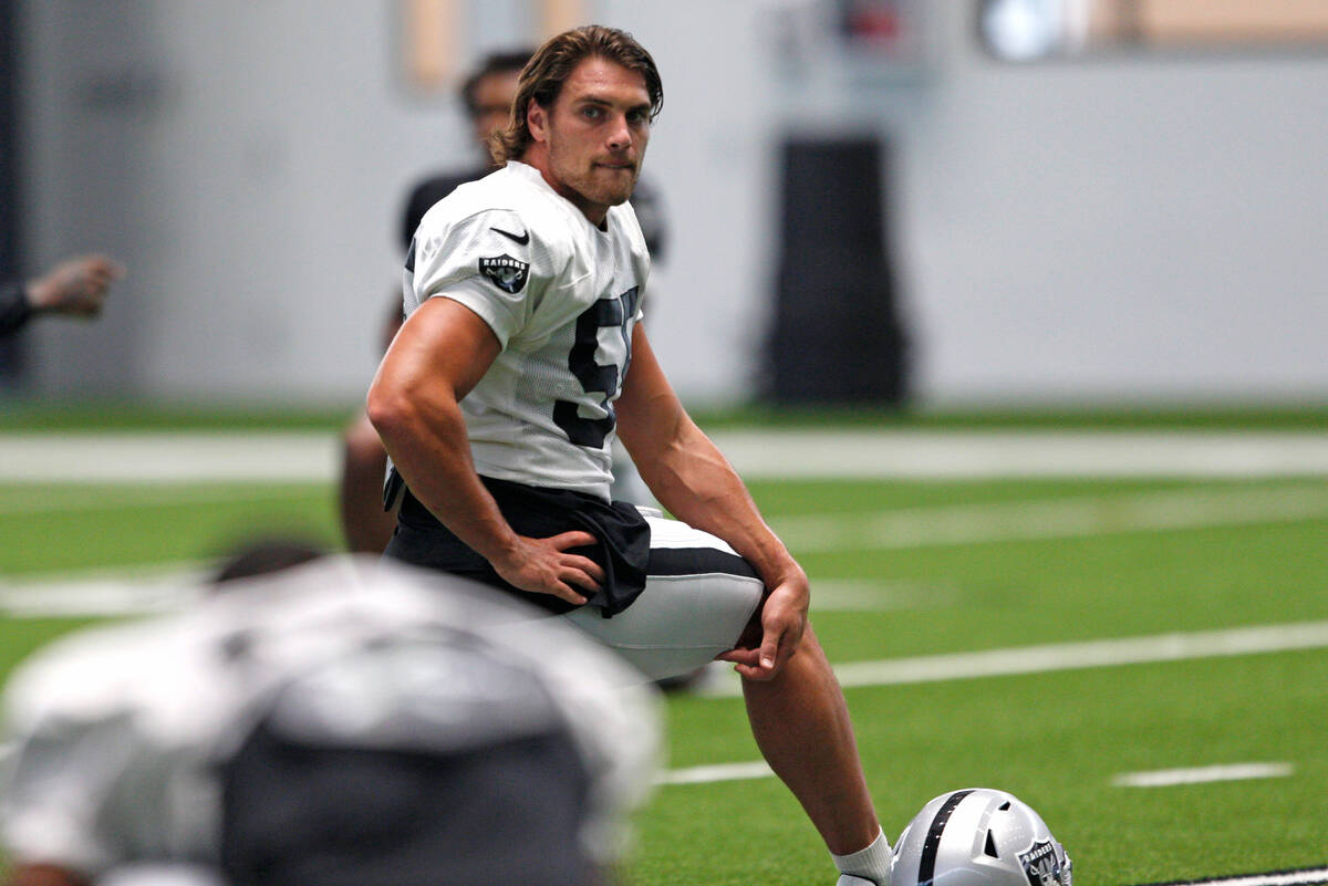 Raiders linebacker Tanner Muse (55) stretches during team practice at the Raiders Headquarters ...