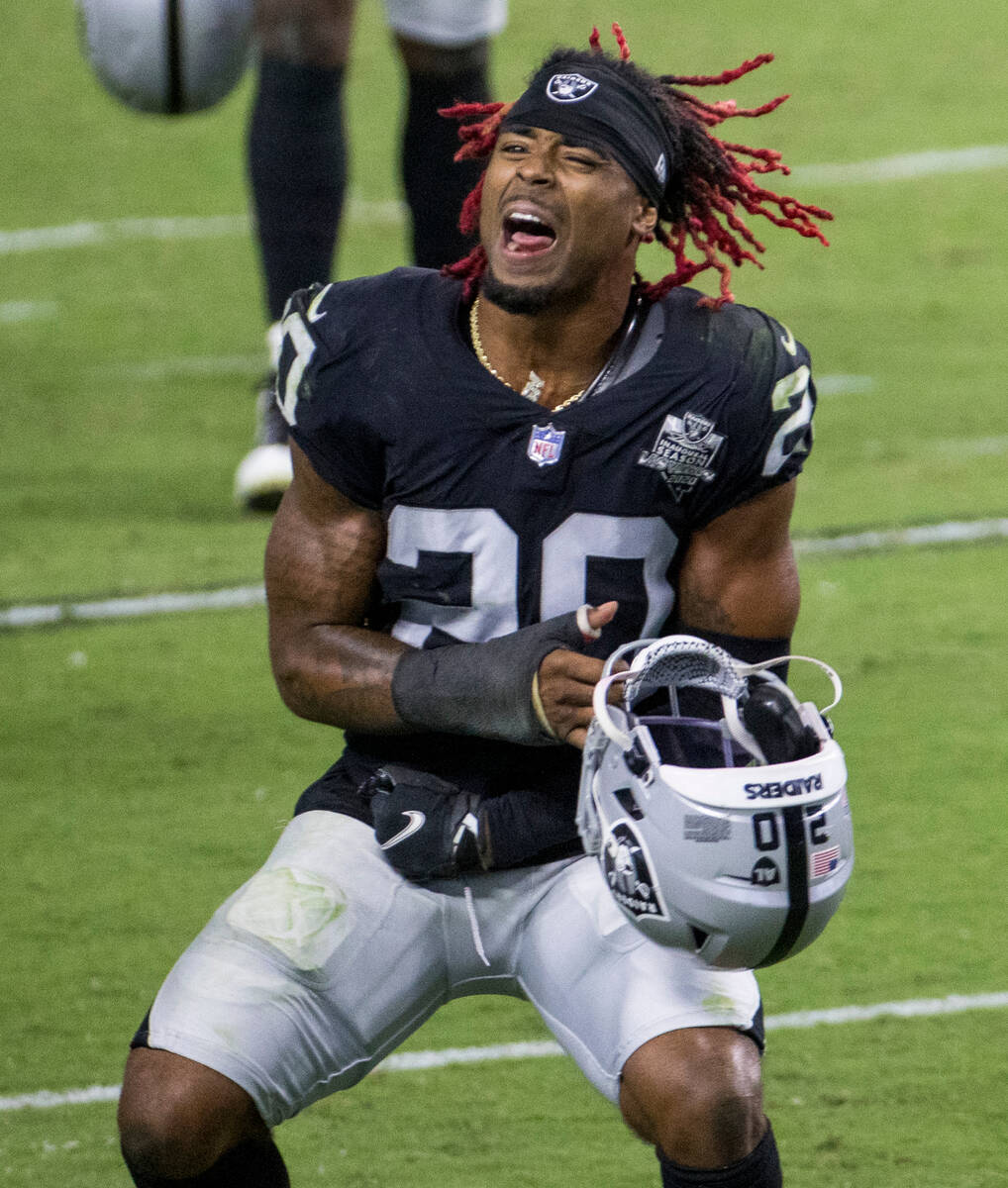 Las Vegas Raiders cornerback Damon Arnette (20) celebrates following the Raiders home opening N ...