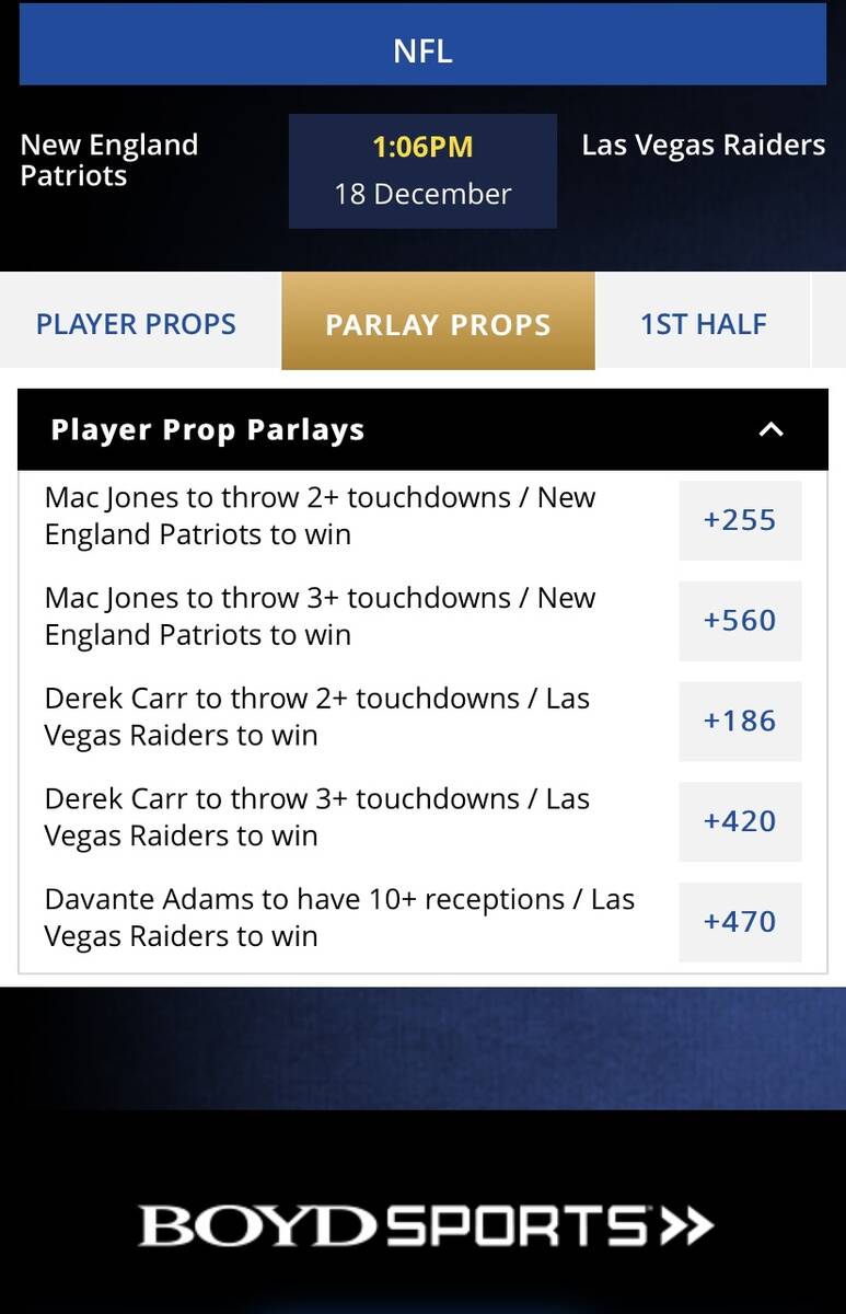Prop bets available for the Patriots-Raiders game on the Boyd Gaming sports betting app. (Jim B ...