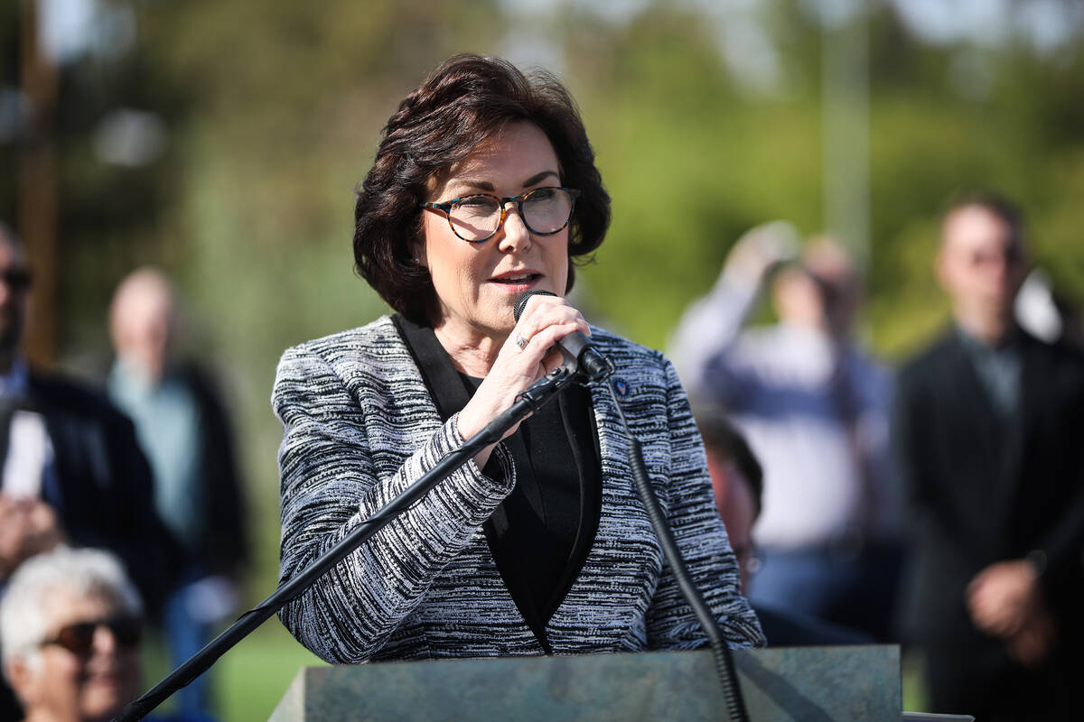 Sen. Jacky Rosen, D-Nev., speaks at a dedication ceremony for a new memorial to honor victims o ...