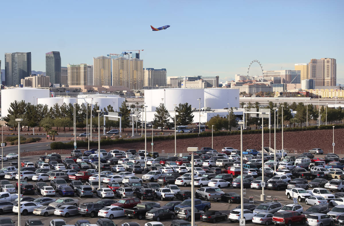 An airport staff parking lot is seen just north of the Terminal 1 parking garage at Harry Reid ...