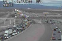 FILE - Traffic is backed up on southbound Interstate 15 near Primm on Thursday afternoon, Dec. ...