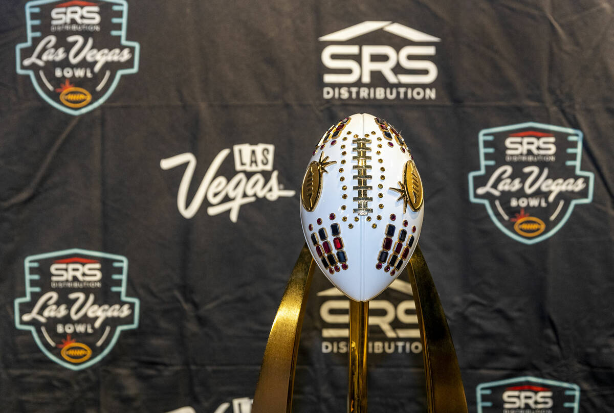 The Rossi Ralenkotter trophy on display during the Las Vegas Bowl press conference at The Parlo ...