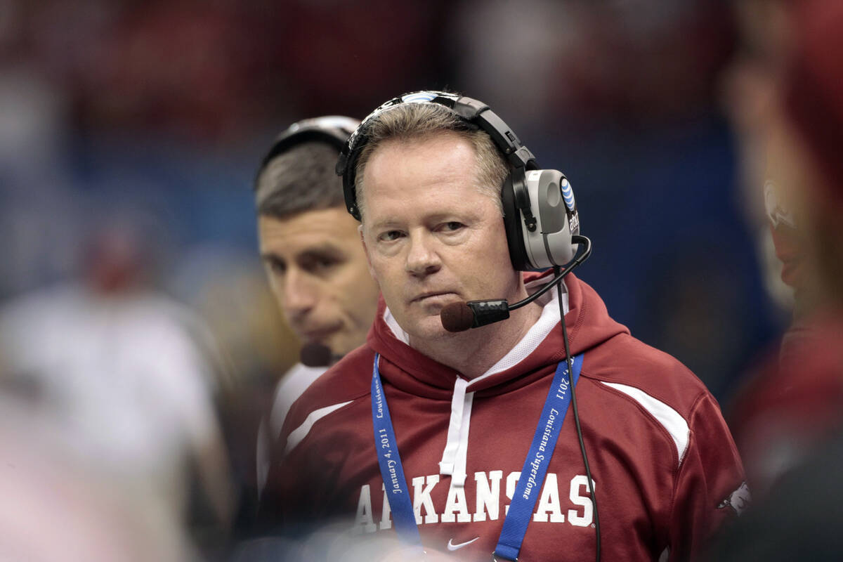 Arkansas coach Bobby Petrino watches from the sideline during the first half of the Sugar Bowl ...