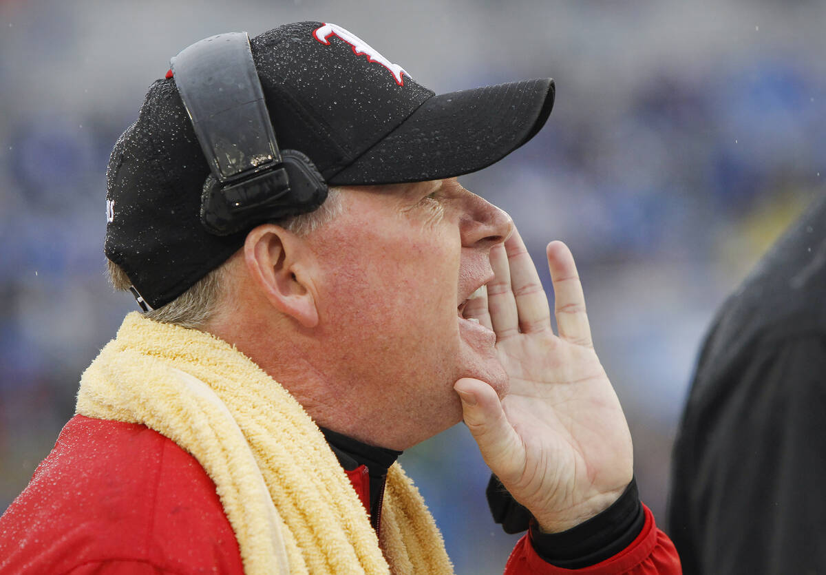 Louisville head coach Bobby Petrino yells to his team during the second half of an NCAA college ...