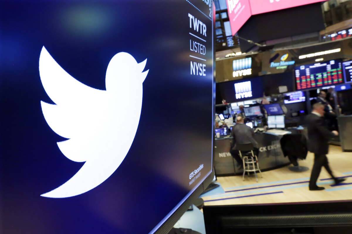 FILE - In this Feb. 8, 2018, file photo, the logo for Twitter is displayed above a trading post ...