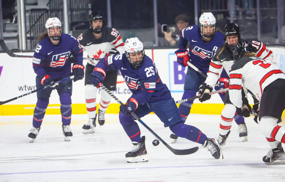 United States' Alex Carpenter (25) skates with the puck during the first period of a rivalry ho ...