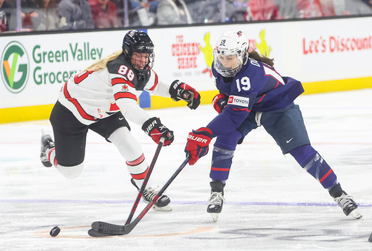 United States' Jincy Dunne (19) tries to get the puck around Canada's Julia Gosling (88) during ...