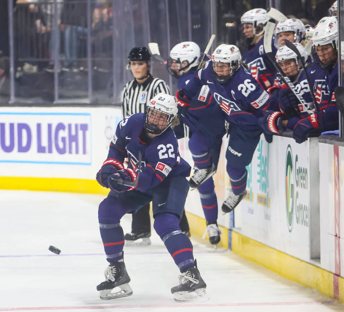 United States' Tessa Janecke passes the puck during the first period of a rivalry hockey game a ...