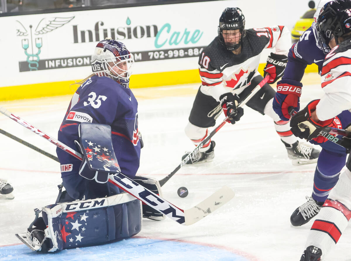 United States goaltender Maddie Rooney (35) blocks the puck in front of traffic during the seco ...