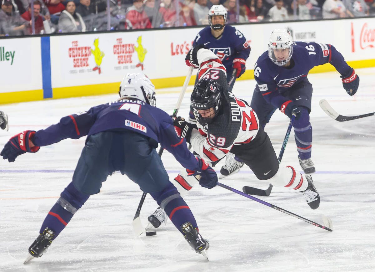 Canada's Marie-Philip Poulin (29) skates with the puck under pressure from the United States du ...