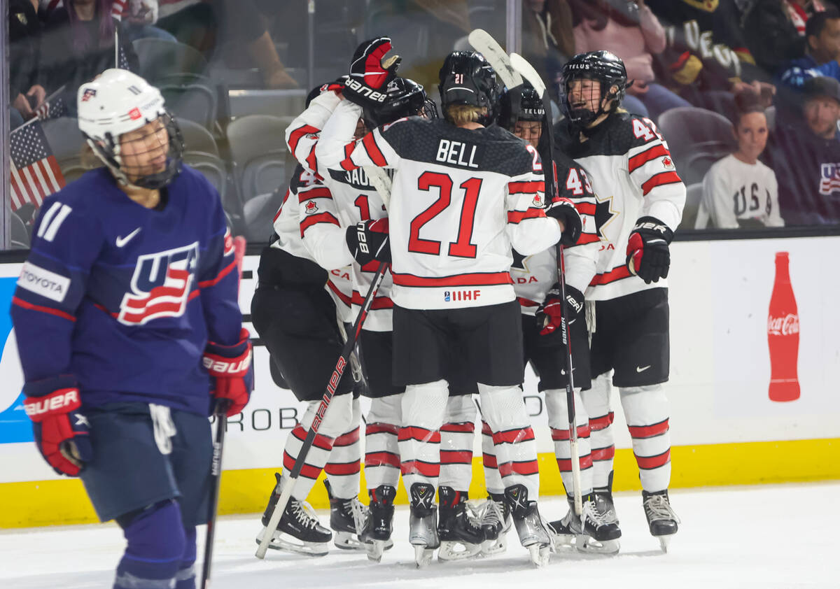 Canada celebrates after a goal against the United States during the second period of a rivalry ...