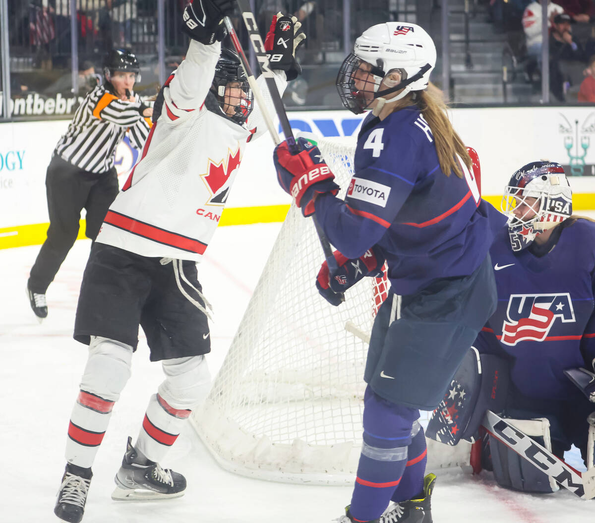 Canada's Blayre Turnbull celebrates her goal against United States goaltender Maddie Rooney dur ...