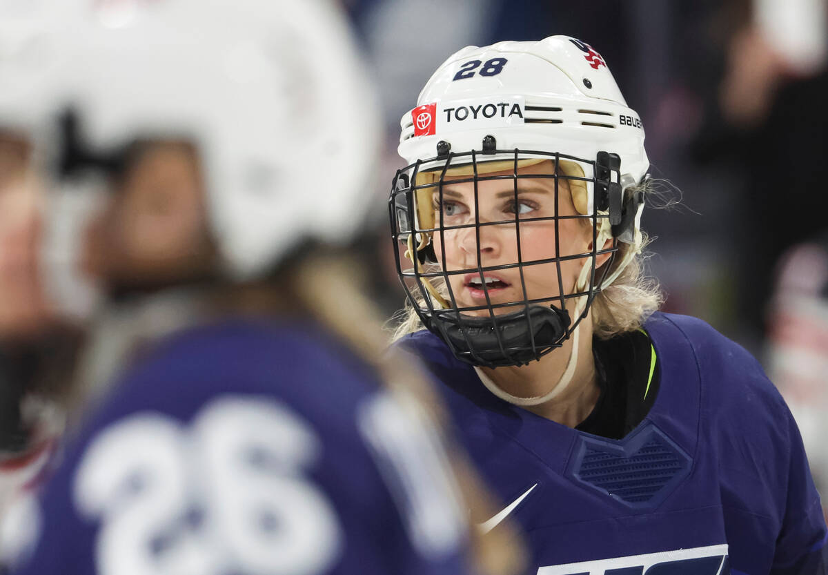 United States' Amanda Kessel looks on during the third period of a rivalry hockey game against ...