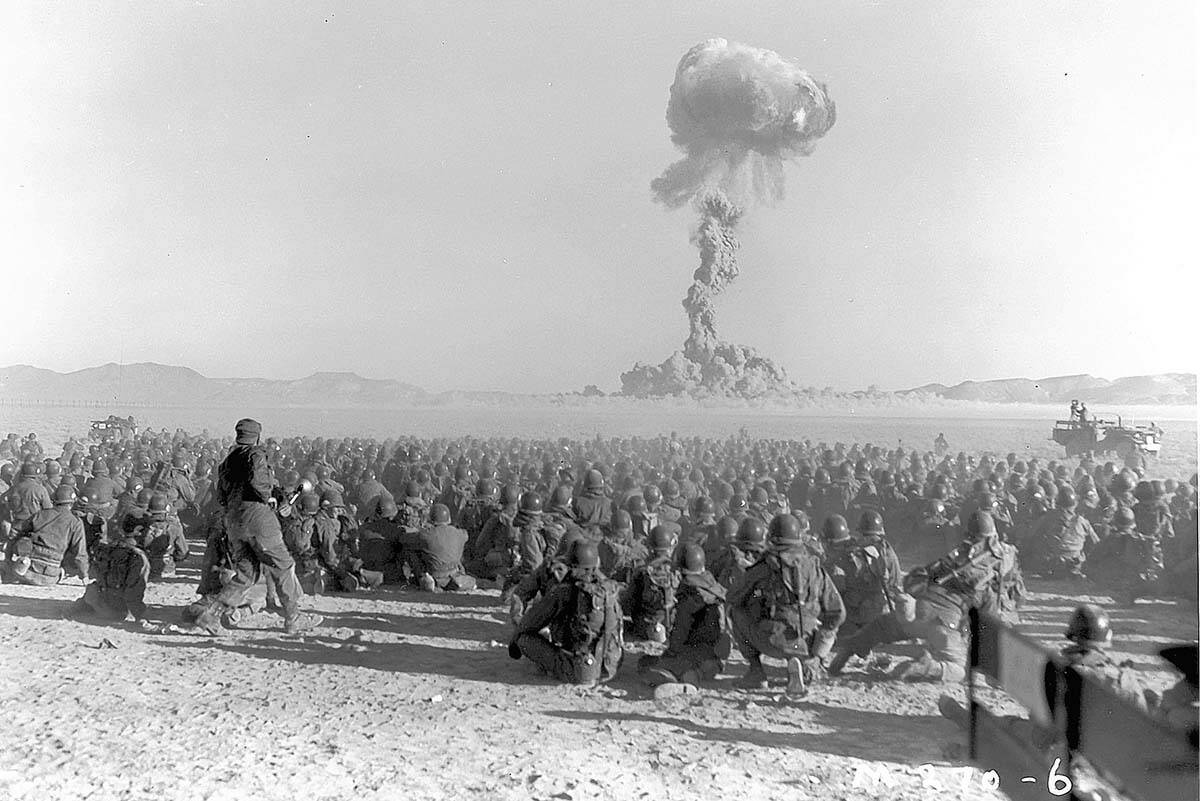 This early photo shows an atomic bomb test at what was then called the Nevada Proving Grounds, ...
