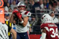 New England Patriots tight end Hunter Henry (85) makes the catch against the Arizona Cardinals ...