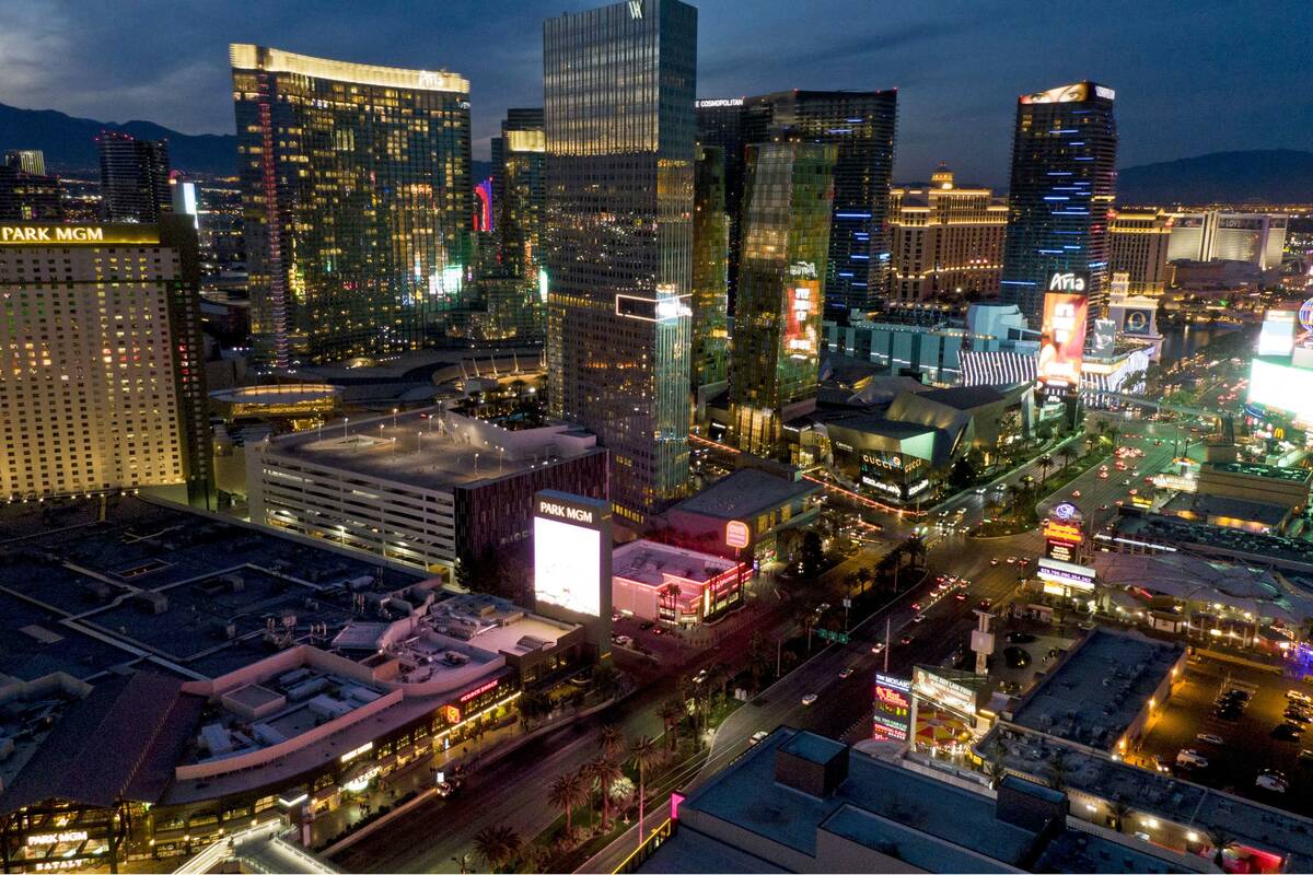 Aerial view of the Las Vegas Strip at looking north sunset on Wednesday, January 12, 2022. (Mic ...