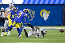 Los Angeles Rams cornerback Jalen Ramsey (5) defends a pass intended for Raiders wide receiver ...