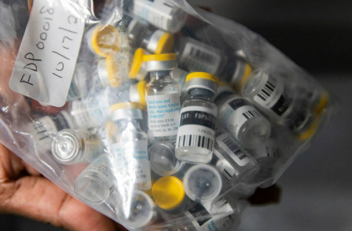 Vials of single doses of the Jynneos vaccine for mpox are seen from a cooler at a vaccinations ...