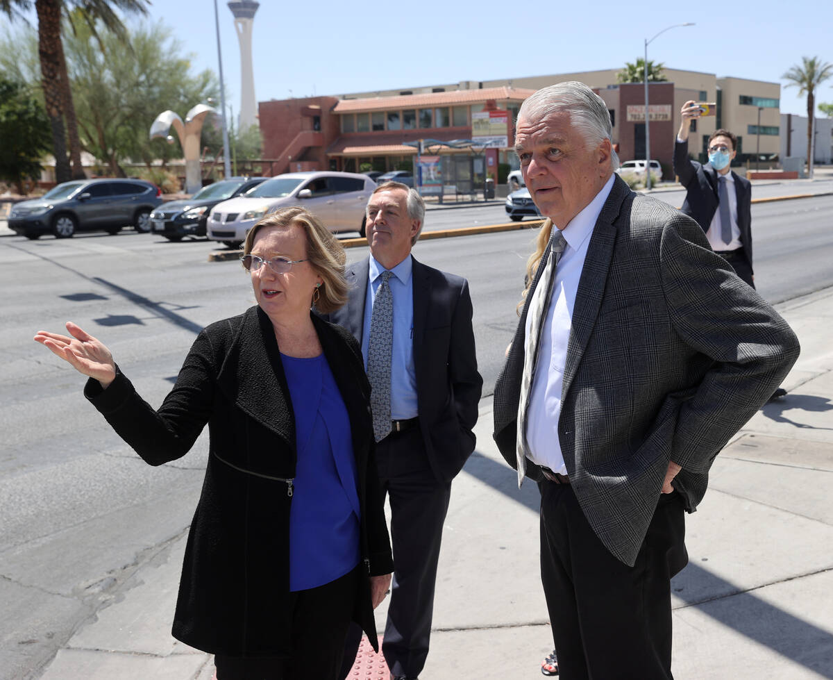 Nevada Gov. Steve Sisolak and Legal Aid Center of Southern Nevada Executive Director Barbara Bu ...