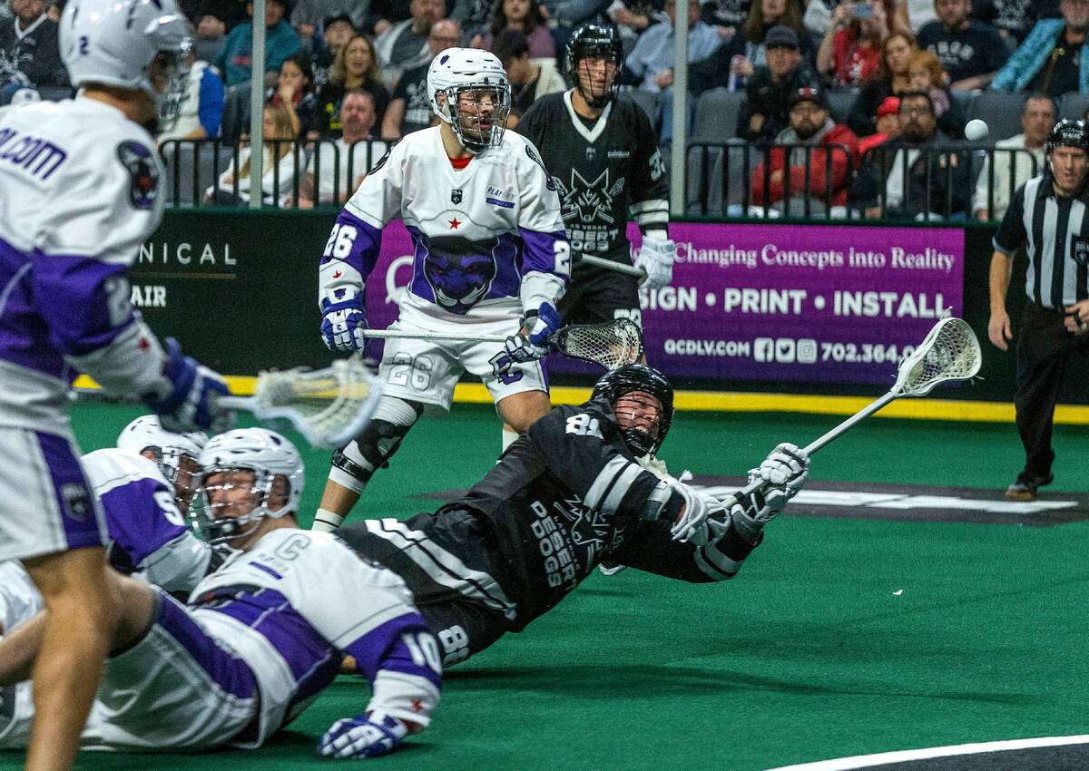 Desert Dogs forward Zack Greer (88) dives while attempting a shot after splitting Panther City ...