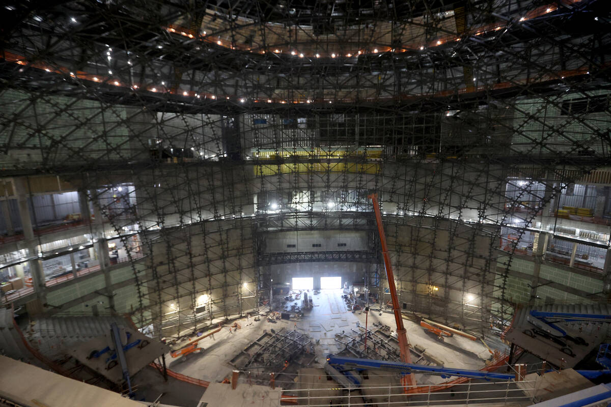 The stage area of the MSG Sphere at The Venetian is shown before a topping-out ceremony where c ...
