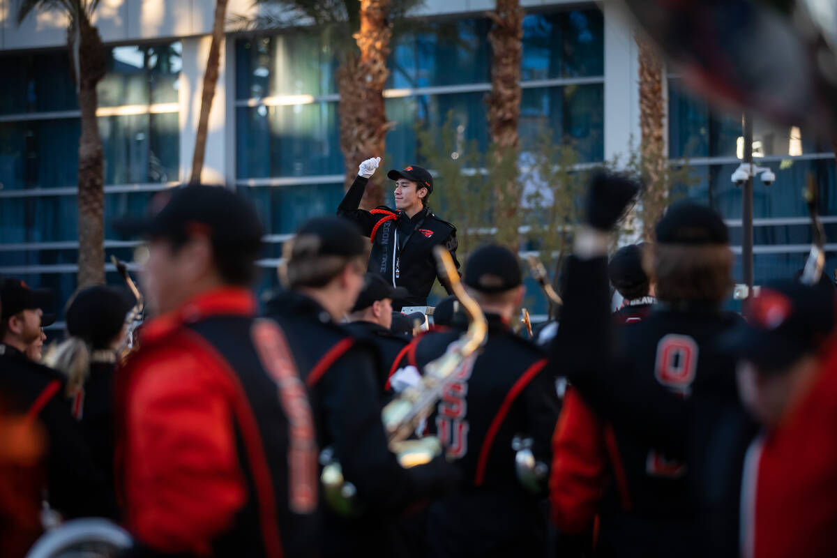 Oregon State University’s marching band performs during a pep rally for both University ...