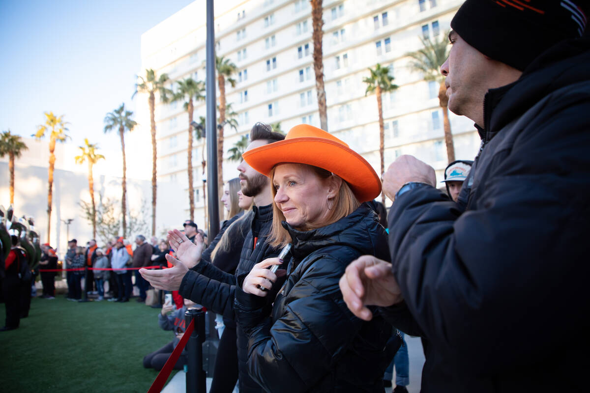 Alisa Pegis watches as the cheer team from Oregon State University performs during a pep rally ...