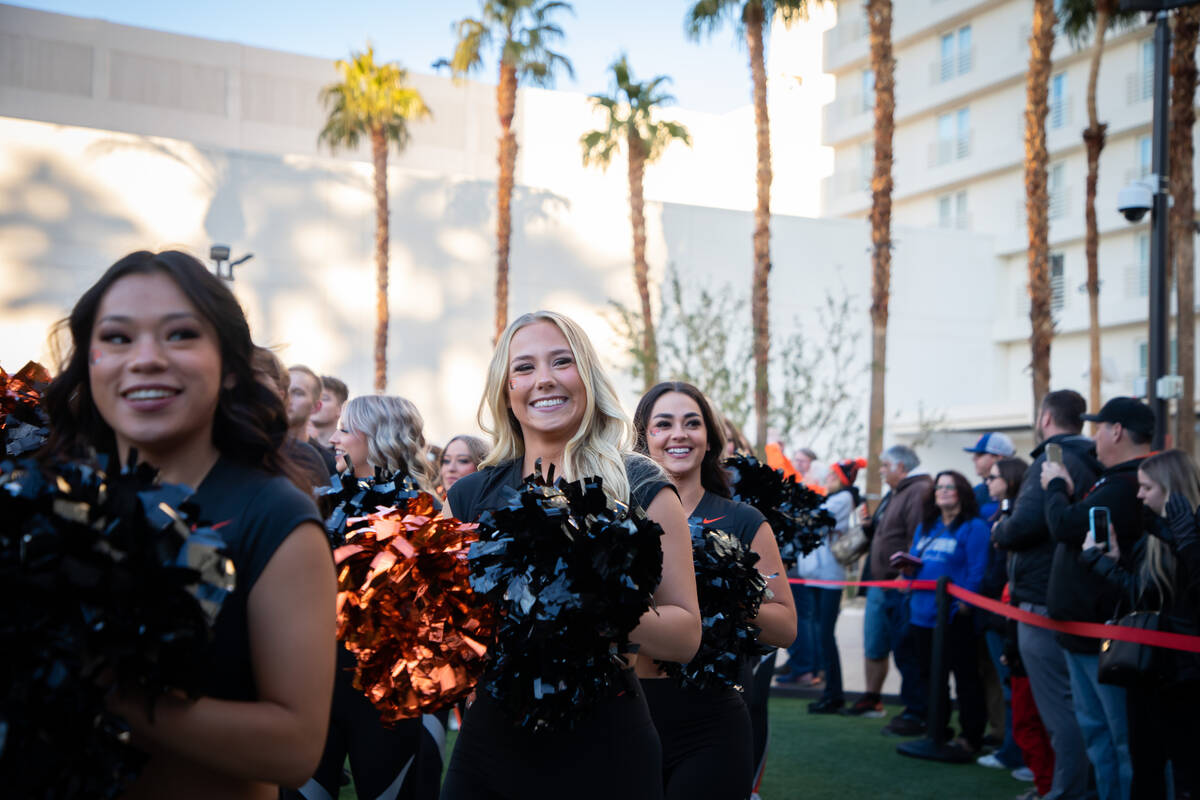 The Oregon State University cheer team greet fans during a pep rally for the University of Flor ...