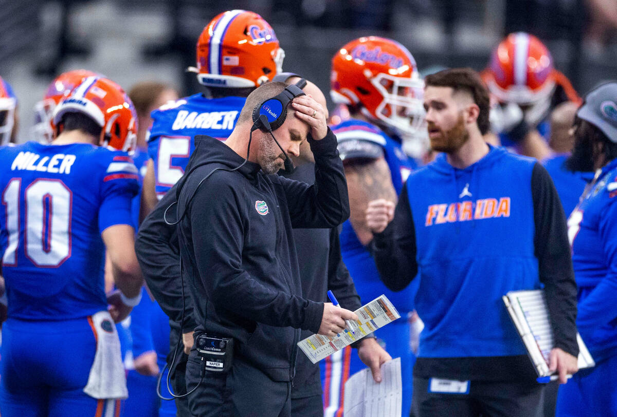 Florida Gators Head Coach Billy Napier concerned on the sidelines versus the Oregon State Beave ...