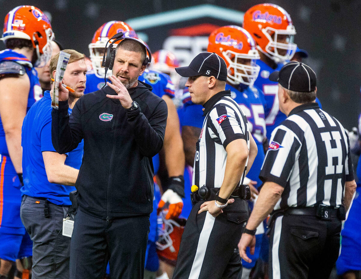 Florida Gators Head Coach Billy Napier argues a call with officials versus the Oregon State Bea ...