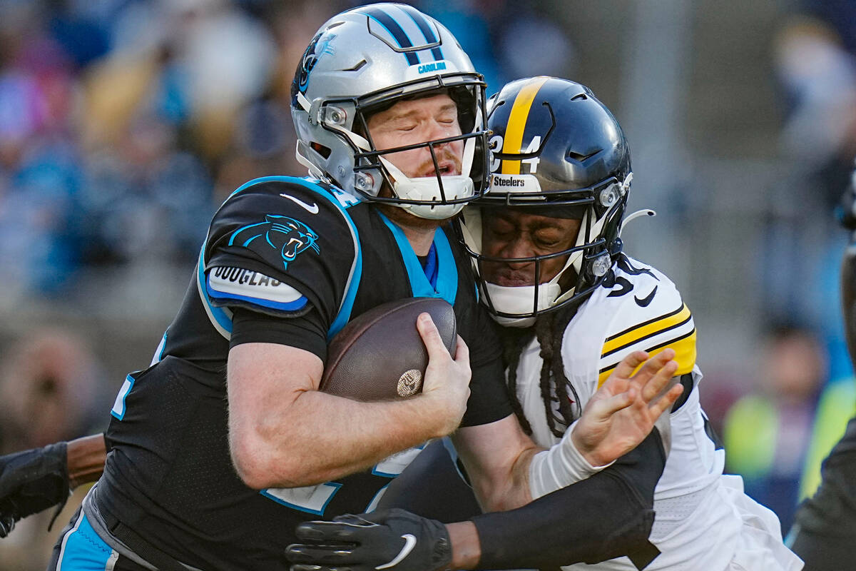 Pittsburgh Steelers safety Terrell Edmunds sacked Carolina Panthers quarterback Sam Darnold dur ...