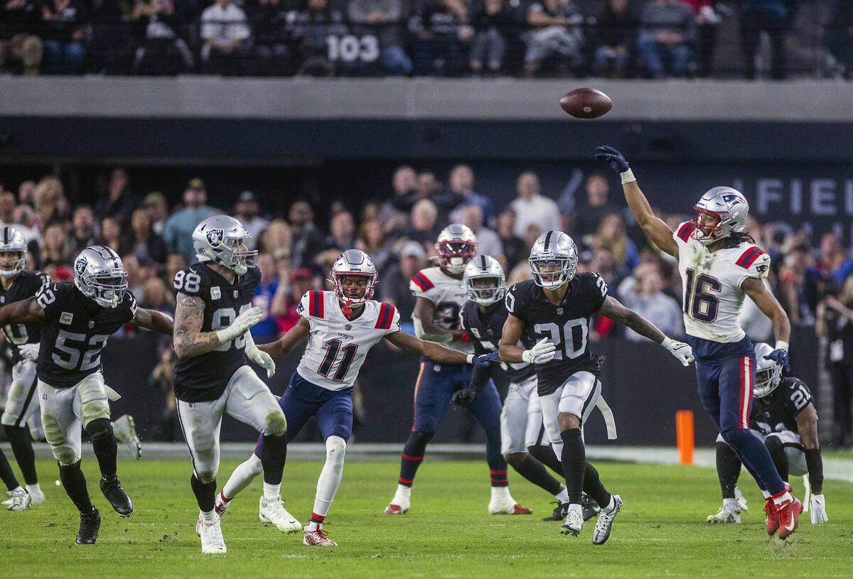 New England Patriots wide receiver Jakobi Meyers (16) laterals back the gall as time runs out v ...