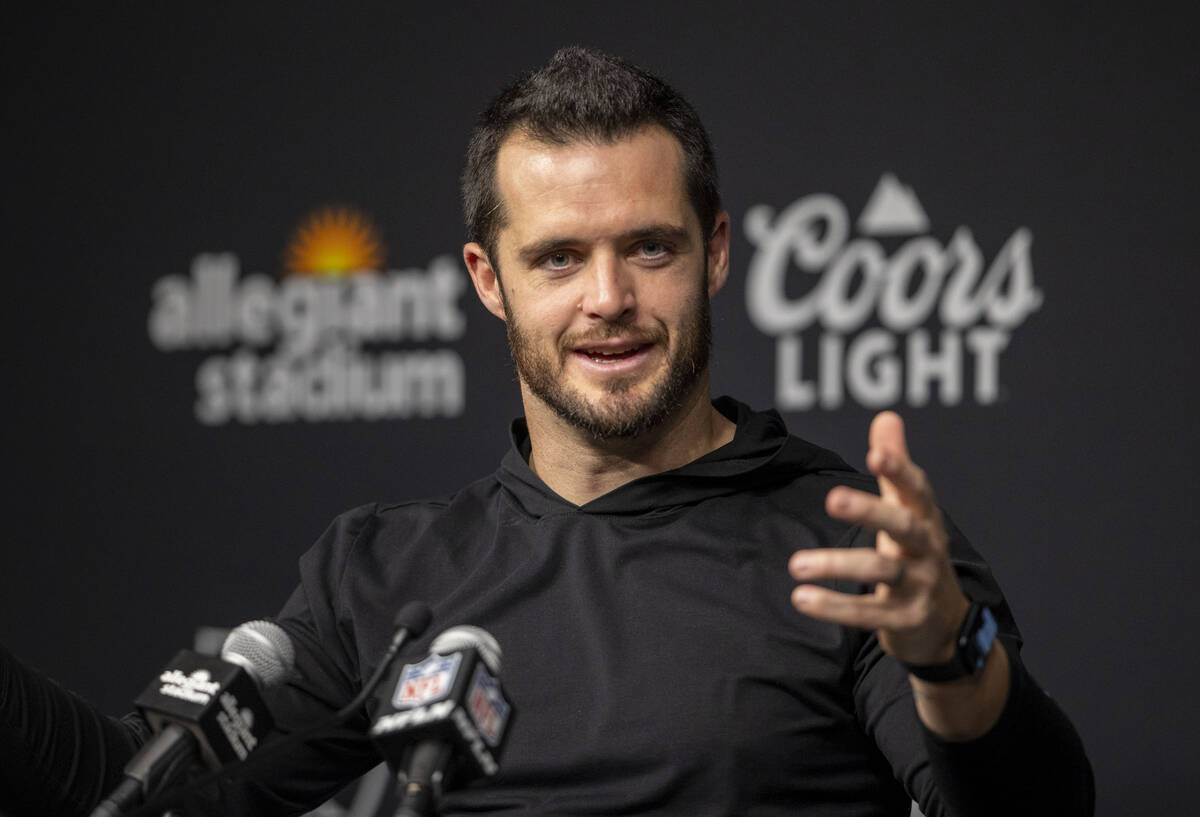 Raiders quarterback Derek Carr (4) speaks to media during his post-game news conference after w ...