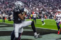 Raiders wide receiver Keelan Cole (84) hauls in a touchdown pass late over New England Patriots ...