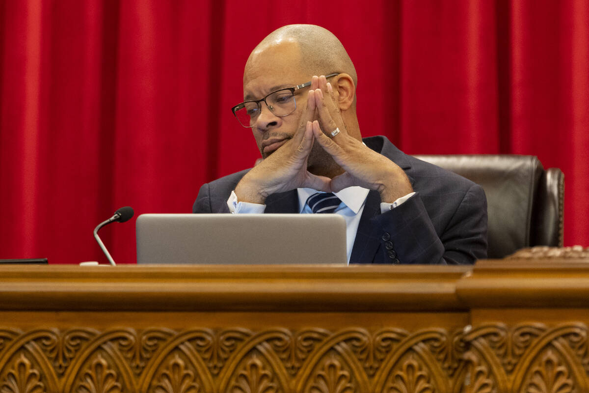 Nevada Attorney General Aaron Ford participates during a prisoner commute hearing at the Nevada ...